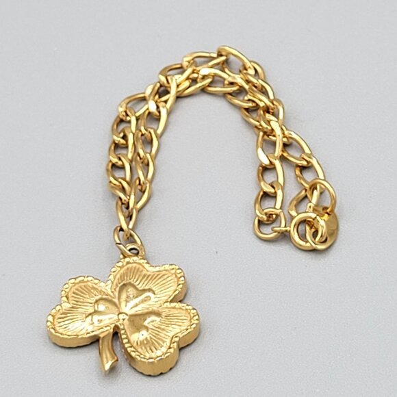 Avon Gold Tone Link Bracelet Green Clover Leaf Pendant Charm Spring Ring Close - Picture 4 of 6